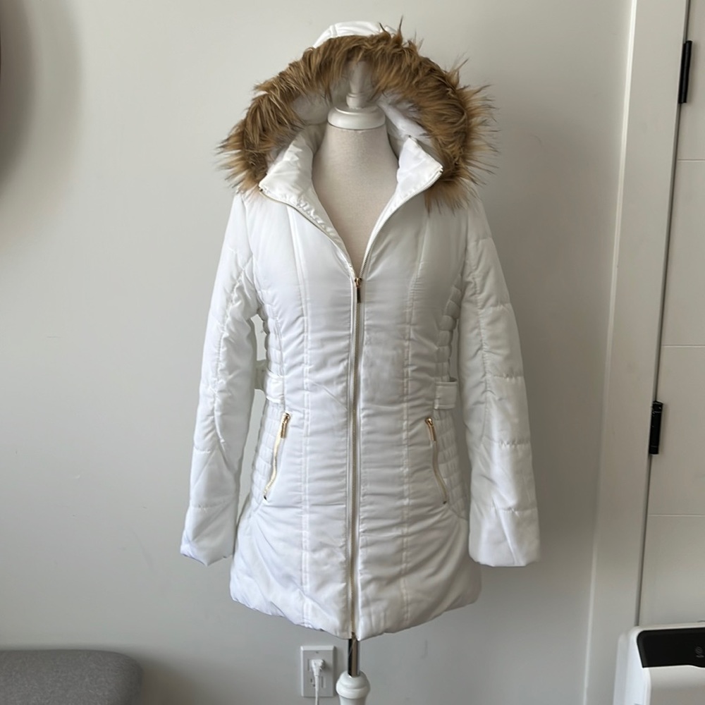 Yoki Outerwear Collection White Bomber Jacket with Hood - Medium